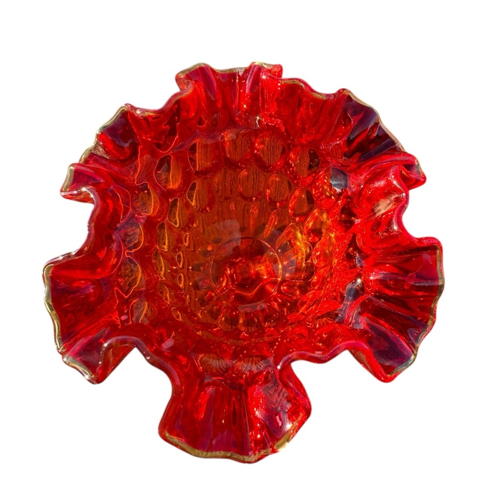 VINTAGE RED CARNIVAL GLASS COMPOTE WITH RUFFLED EDGE - Picture 7 of 12